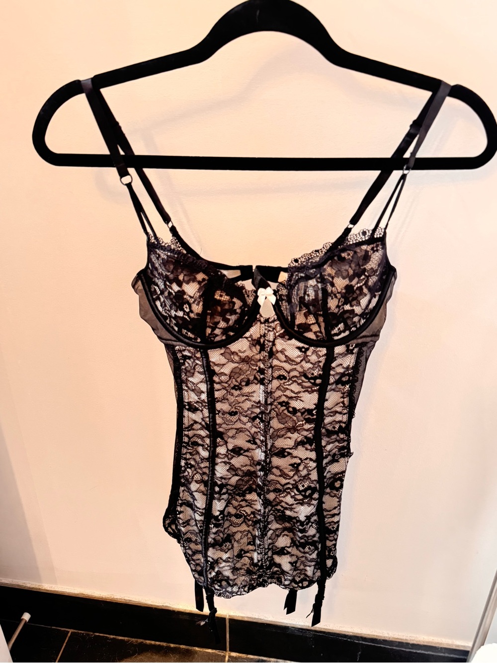 Victoria’s Secret-Black Lace Bustier / teddy with garter - Sheer Lace